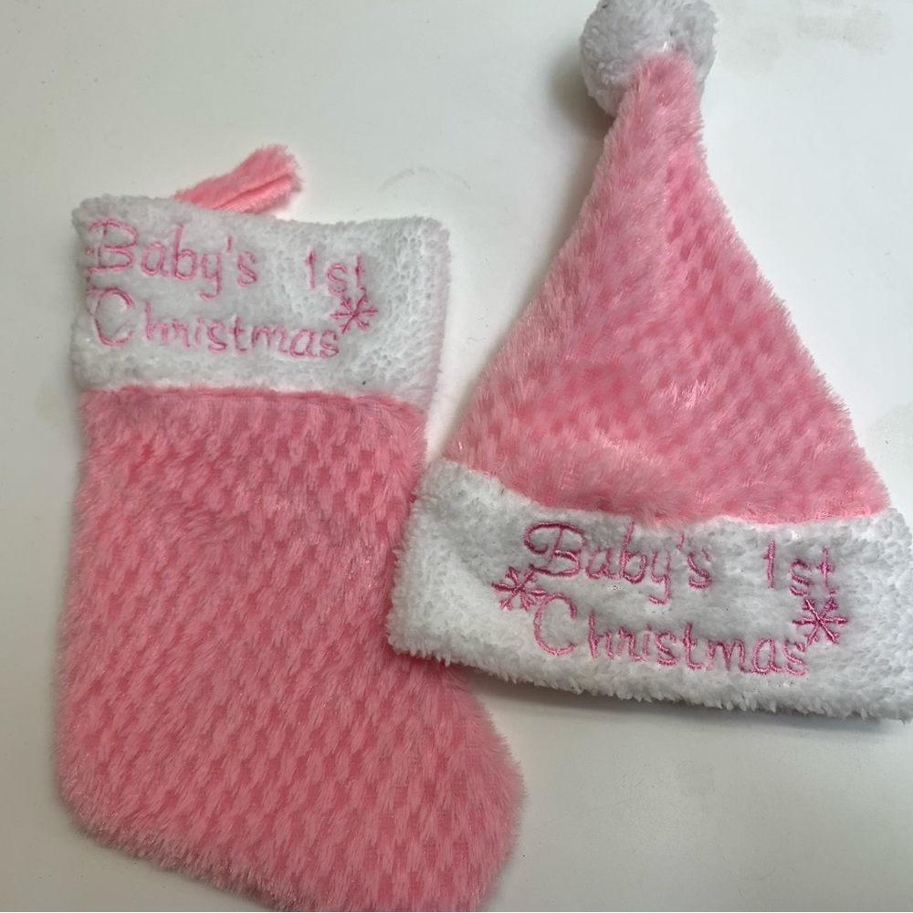 Light pink Baby’s a first Christmas Stocking and hat